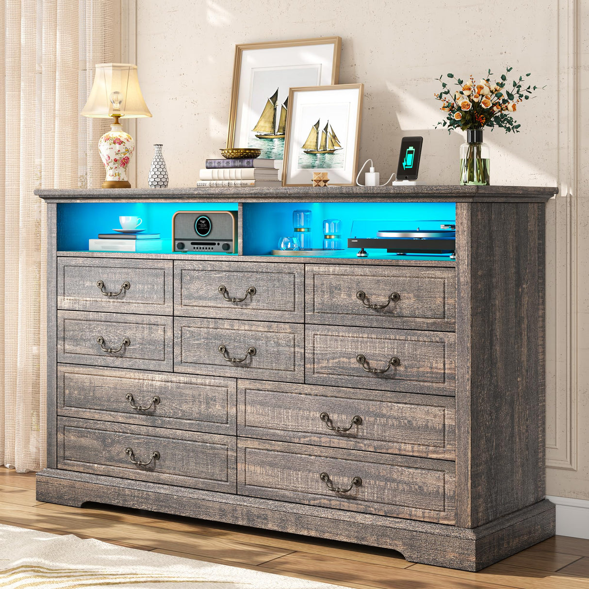 Romorgniz 10 Drawer Dresser for Bedroom, Large Farmhouse Dresser with LED Lights & Charging Station for Bedroom, Rustic Oak Romorgniz
