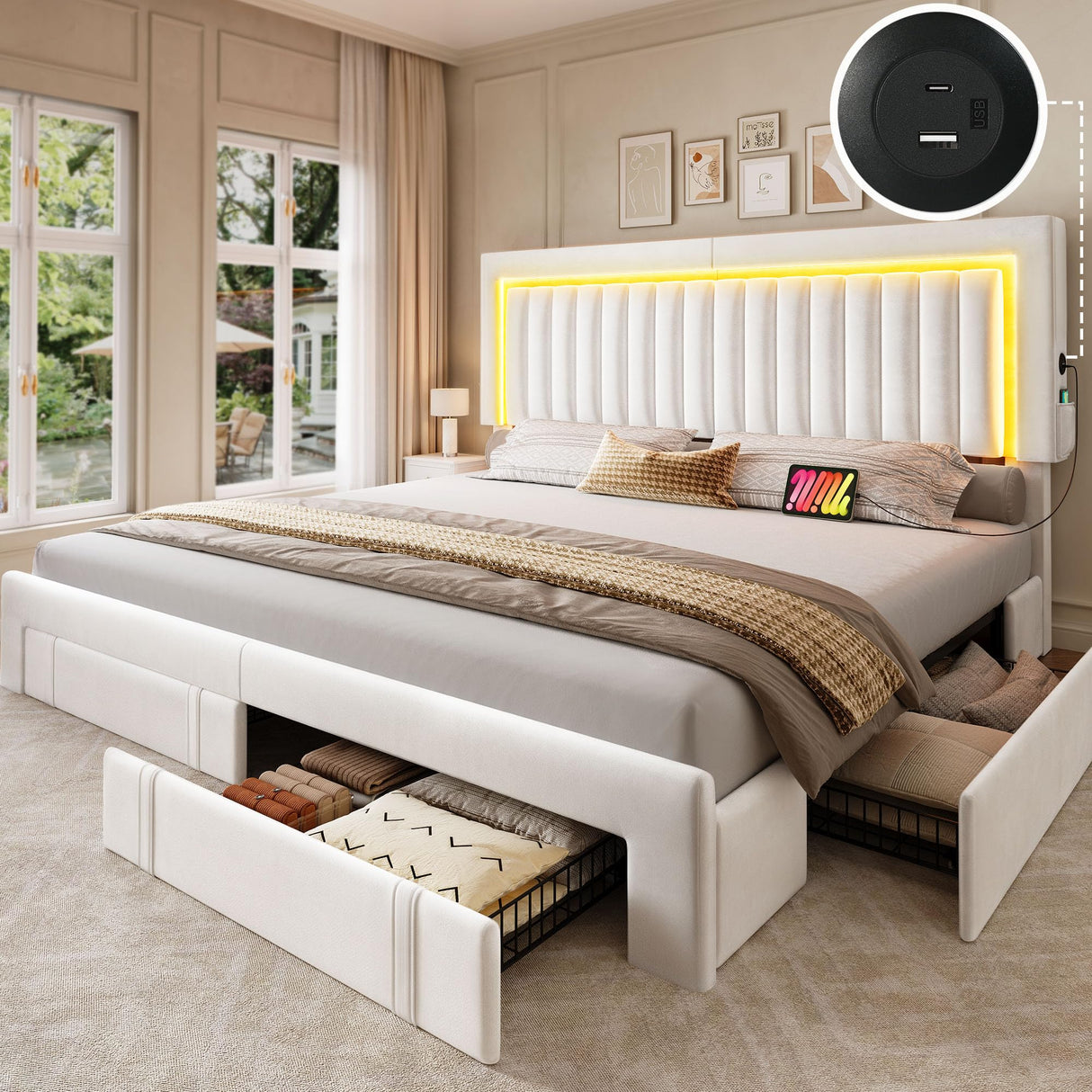 YITAHOME King Size Bed Frame with Adjustable Headboard, 4 Storage Drawers and RGB LED Lights, Velvet Upholstered Platform Bed with USB Ports, No Box Spring Needed, Fast Assembly, Noise-Free, White YITAHOME