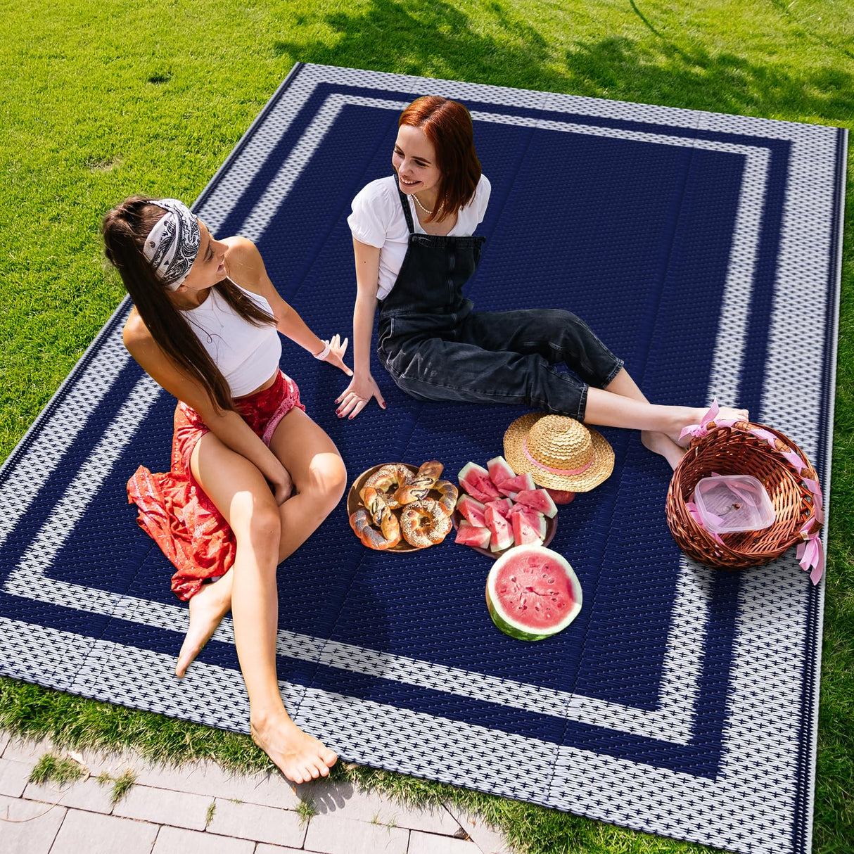 KMAT Outdoor Rug, Waterproof Reversible Patio Rugs, 5x8ft Large Outdoor Area Rug Foldable Plastic Camping Rugs for Outside RV, Patio,Picnic,Camper,Balcony,Porch (Blue &White) KMAT