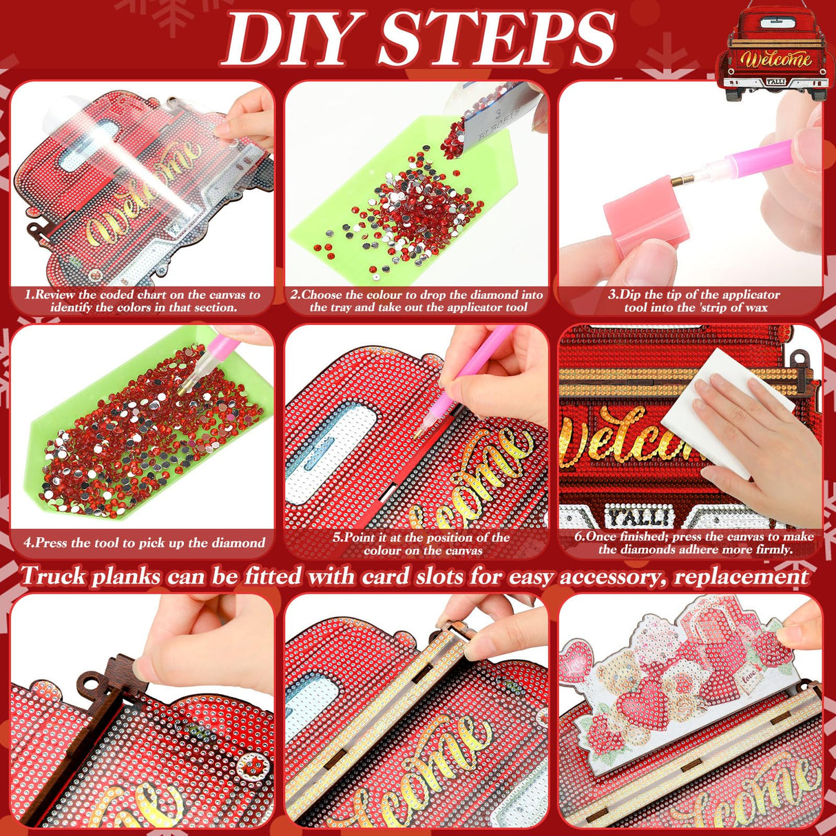 Burbell 21 Pcs Interchangeable Diamond Painting Welcome Sign for Front Door Diamond Painting Truck Decor Interchangeable Seasonal Welcome Sign for DIY Art Kit Wall Window Door Farmhouse(Red) Burbell