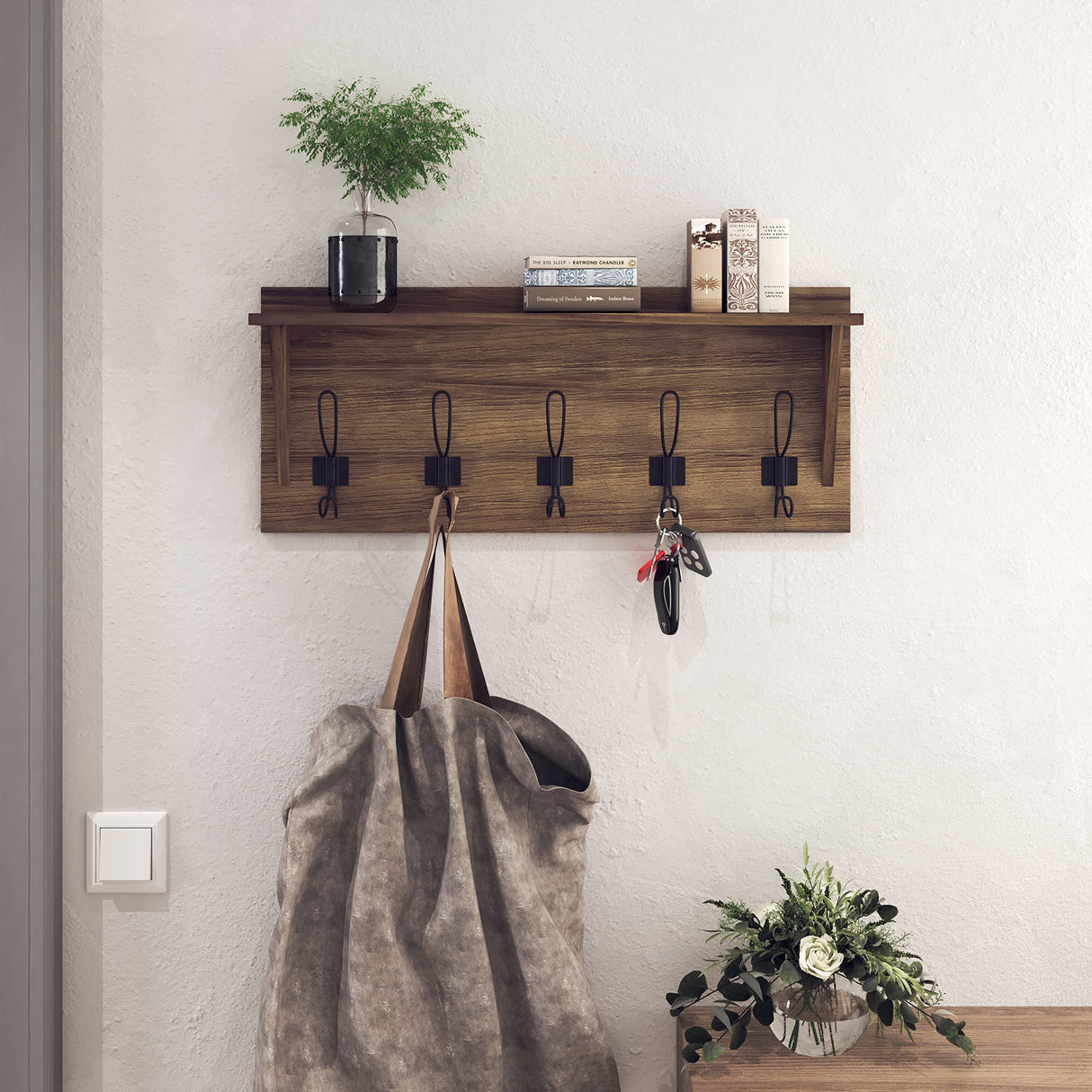 HBCY Creations Rustic Wall Mounted Coat Rack with Shelf - Solid Wood 24" Entryway Shelf with 5 Coat Hangers. Perfect Touch for Your Entryway, Mudroom, Kitchen, Bathroom and More, Weathered Brown HBCY Creations
