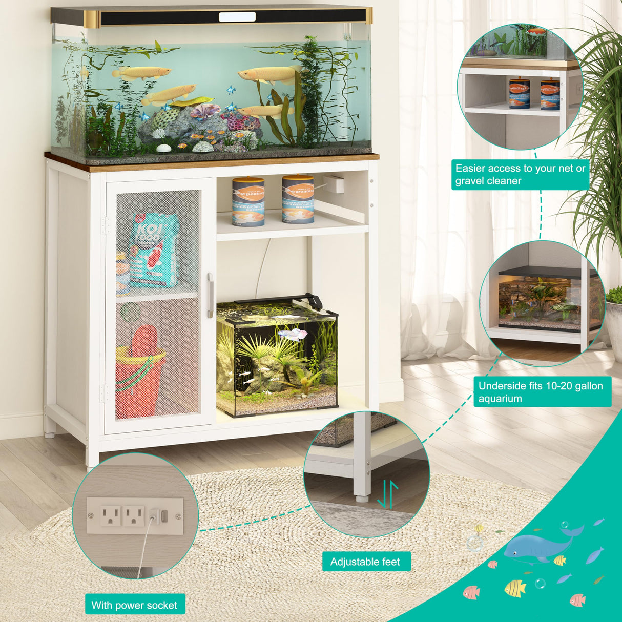 40-50 Gallon Aquarium Stand,Fish Tank Stand with Power Outlets, Aquarium Cabinet for Fish Tank,Metal Fish Tank Stand with Storage Suitable for Turtle Tank, Reptile Terrarium, 660LBS Capacity, White GarveeHome