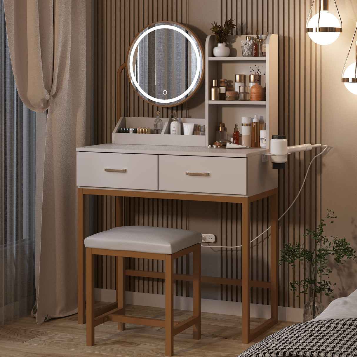 Makeup Vanity Desk with Round Mirror and Lights, White Vanity Makeup Table, Small Vanity Table for Bedroom with Lots Storage, 3 Lighting Modes, Vabches