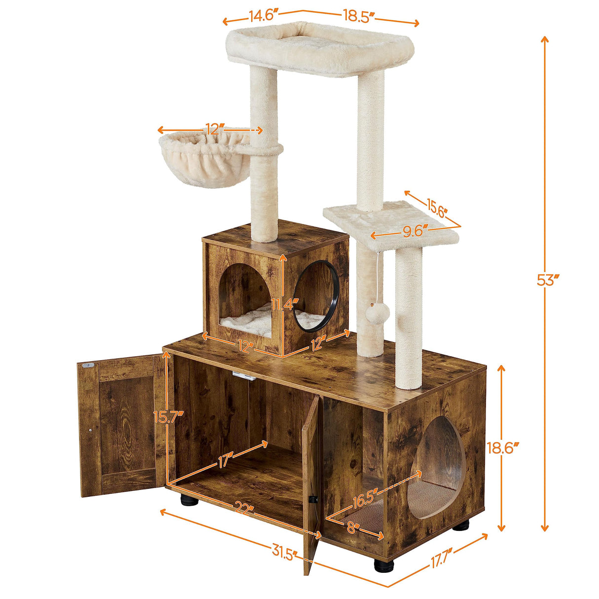Yaheetech Litter Box Enclosure with Cat Tree, All-in-one Indoor Cat House w/Scratching Posts, Wooden Cat Litter Box Furniture w/Cat Condo, Platform, Rustic Brown/Beige Yaheetech