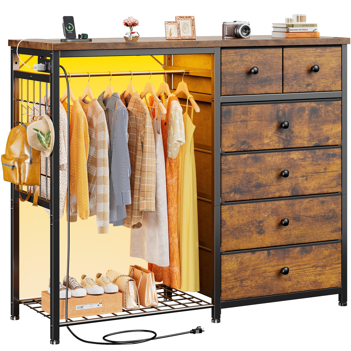 EnHomee 49.2" W Dresser with Hanging Rack & 6 Fabric Drawers – Wooden Top Organize Unit Featuring LED Lights, Charging Station & Grid Panel for Bedroom, Rustic Brown EnHomee