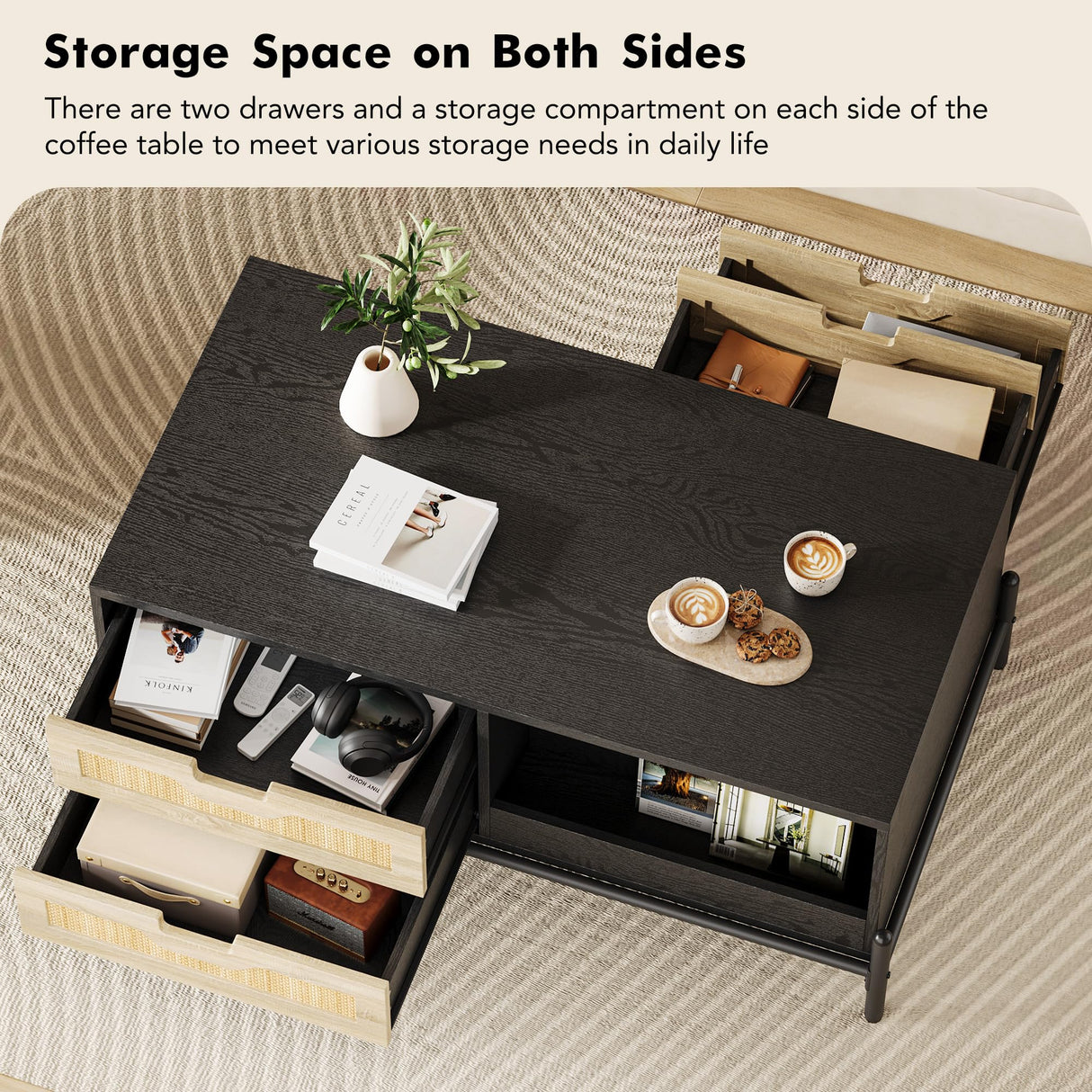 GAOMON Modern Coffee Table, 39.4" Rectangular Coffee Table with Nature Rattan Drawers and Storage Shelves, Funky Center Table with Led Lights, Black Cocktail Table for Living Room Apartment GAOMON