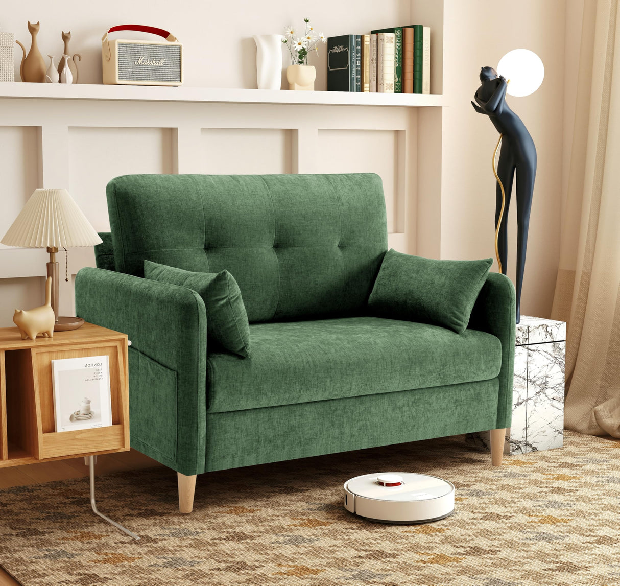 Urhanherry 47" Small Sofa Couch for Bedroom, Soft Chenille loveseat Mini Couch with Throw Pillow and Removable Cushion Cover for Small Spaces, Living Room, Apartment, Dorm, Office(Green) Urhanherry