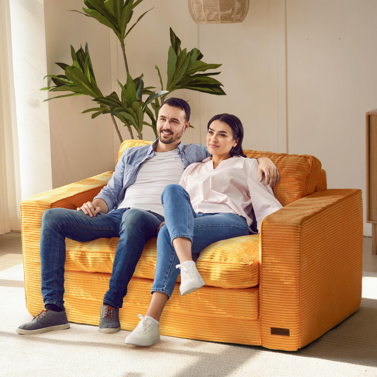 MAXYOYO Convertible Sofa Bed, Pull Out Loveseat Sleeper Sofa, 2 in 1 Folding Couch Bed, Fold Out Floor Couch with Pillows for Living Room Bedroom Lounge, Orange MAXYOYO