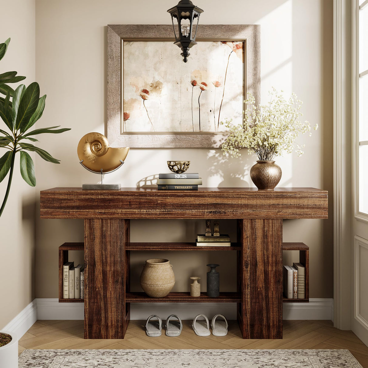 Einhomn 63 Inch Long Console Table for Entryway, Farmhouse Wooden Sofa Table Behind Couch with 3-Tier Storage Shelf, Narrow Entry Accent Table for Living Room, Hallway, Foyer, Rustic Brown Einhomn