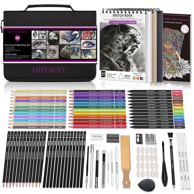 HIFORNY 100 PCS Drawing & Sketching Set, Professional Art Supplies with Graphite,Charcoal, Colored,Watercolor,Metallic Pencils,Blending Tools,Sketchbook and Coloring Book in Zipper Case (Black)