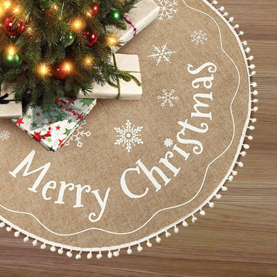 AerWo Christmas Tree Skirt 48 Inches, Burlap Tree Skirt Printed with White Snowflake and Merry Christmas Decor, Brown Tree Skirt for Christmas Decorations New Year Holiday Party Supply Indoor Outdoor