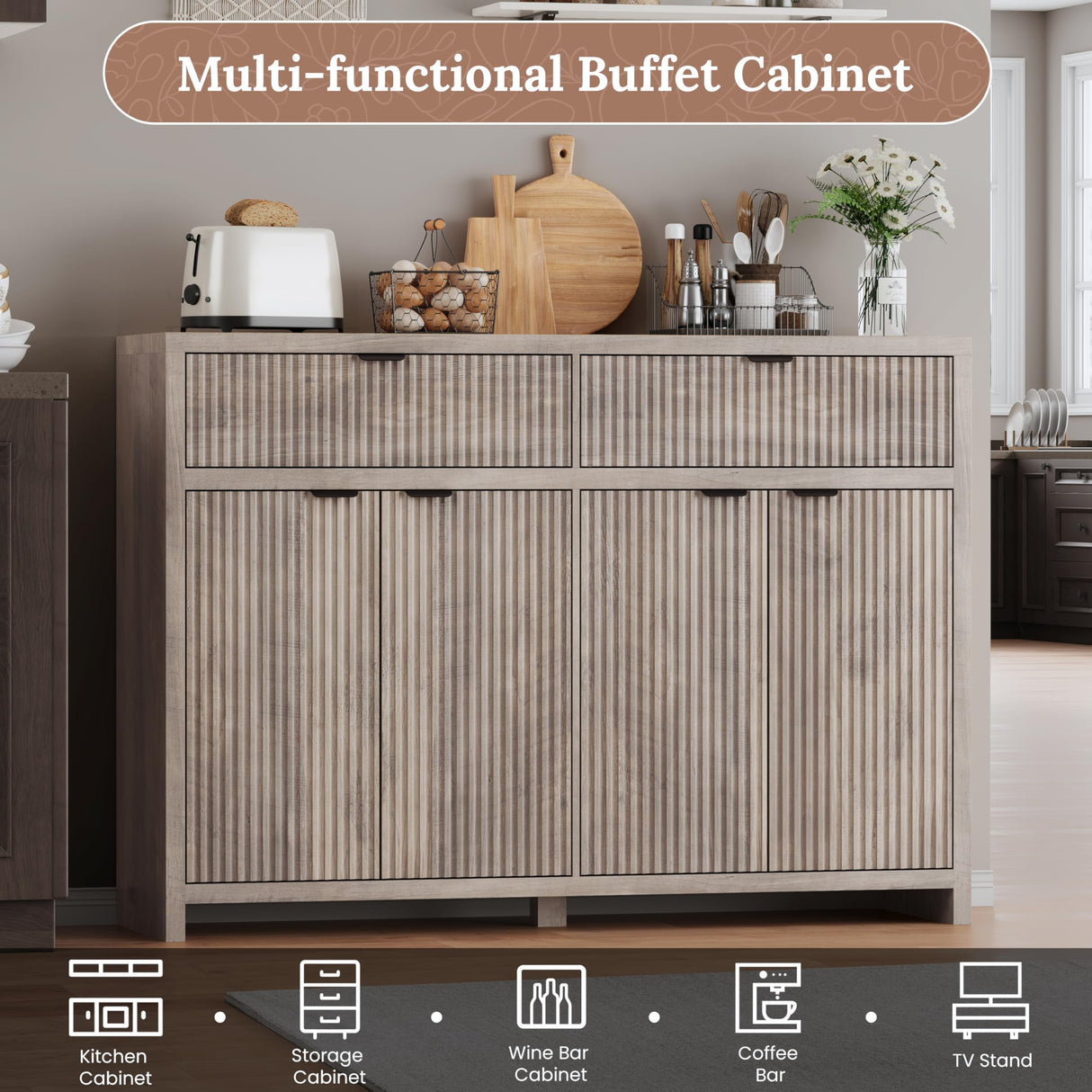 Boonatu Fluted Sideboard Buffet Cabinet with Storage Drawers, 55" Large Accent Storage Cabinet with Doors and Adjustable Shelf, Modern Farmhouse Credenza for Entryway, Kitchen, Living Room - Gray Boonatu