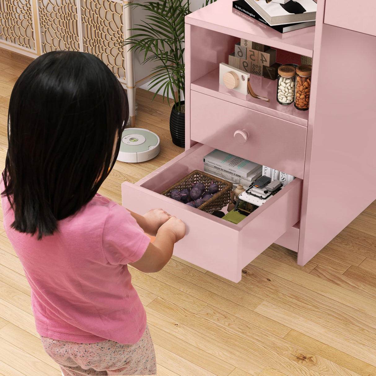 RUPOLX Pink Kids Desk and Chair Set for 5-12 Year Old, Childrens Computer Desk with 4 Drawers, Kids Study Table with Storage Shelf -3vj-40 RUPOLX