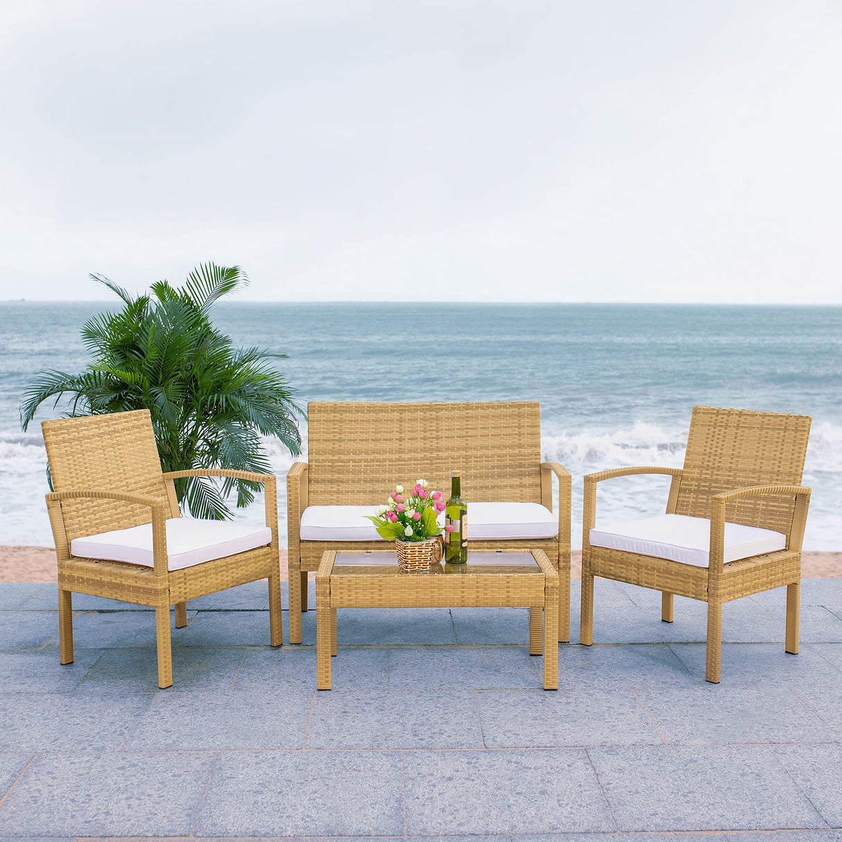 SAFAVIEH Outdoor Collection Bassey Natural/White Cushion 4-Piece Conversation Patio Set PAT7507D Safavieh