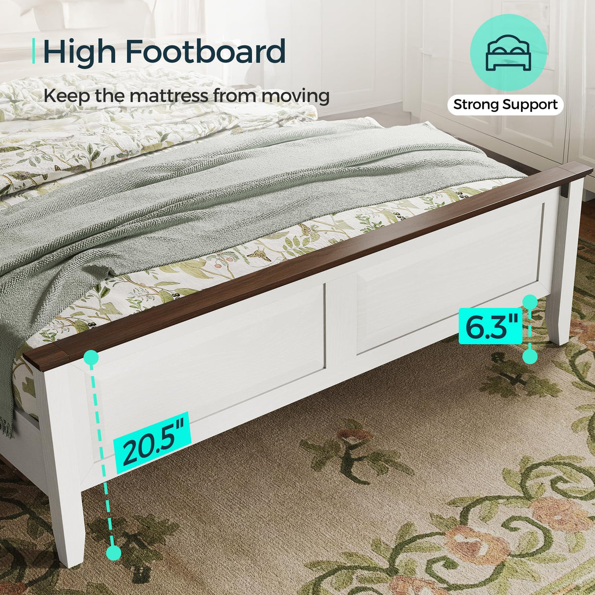 LINSY Wood Queen Bed Frame with Headboard, Farmhouse Bed Frame Queen Size with High Footboard, Wood Bed Fast Assembly, Noise-Free, No Box Spring Needed - White LINSY