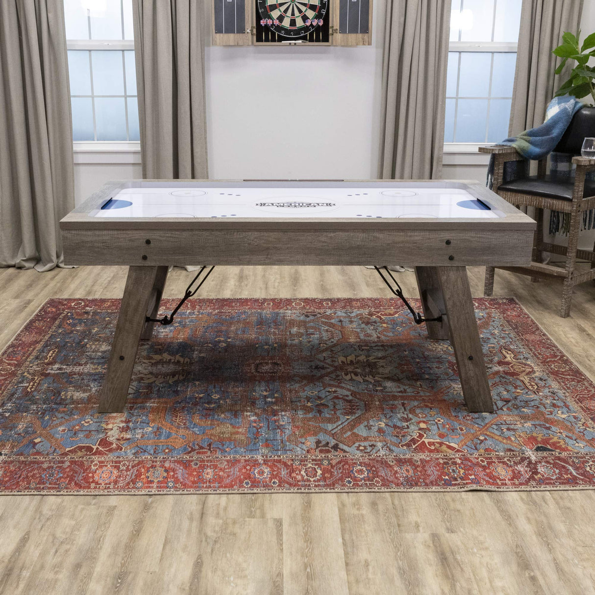 American Legend Brookdale Air-Powered Hockey Table with Rustic Wood Grain Finish, Angled Legs and Turnbuckle Accents Brown, 75.31"L x 38.98"W x 8.5"H American Legend
