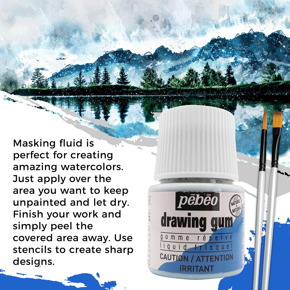 Pebeo Drawing Gum Made in France - Masking Fluid for Watercolor Painting and Various Art Projects - Bundled with Moshify Applicator Brush Set Moshify