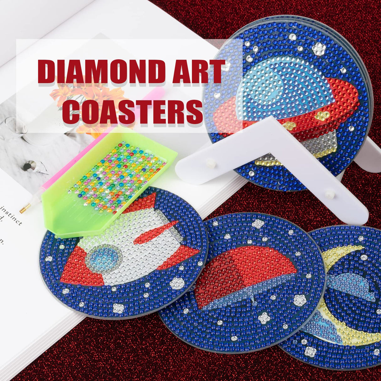 6 Pcs Starry Sky Diamond Art Acrylic Coasters with Cork Base and Holder, DIY 5D Diamond Painting Coasters Kit for Adults, Planet Rocket Moon Spaceship Design, Creative Table Decor Crafts antor