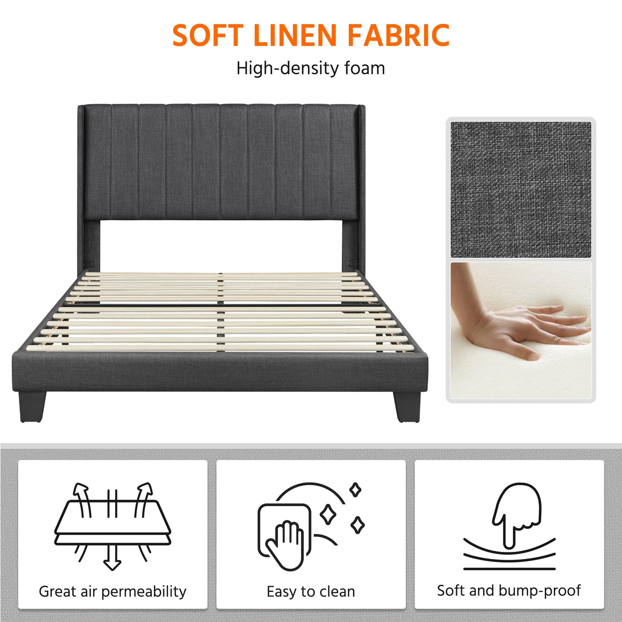 Yaheetech Upholstered Queen Size Bed Frame with Winged Headboard and Wooden Slats Support in Dark Gray Yaheetech