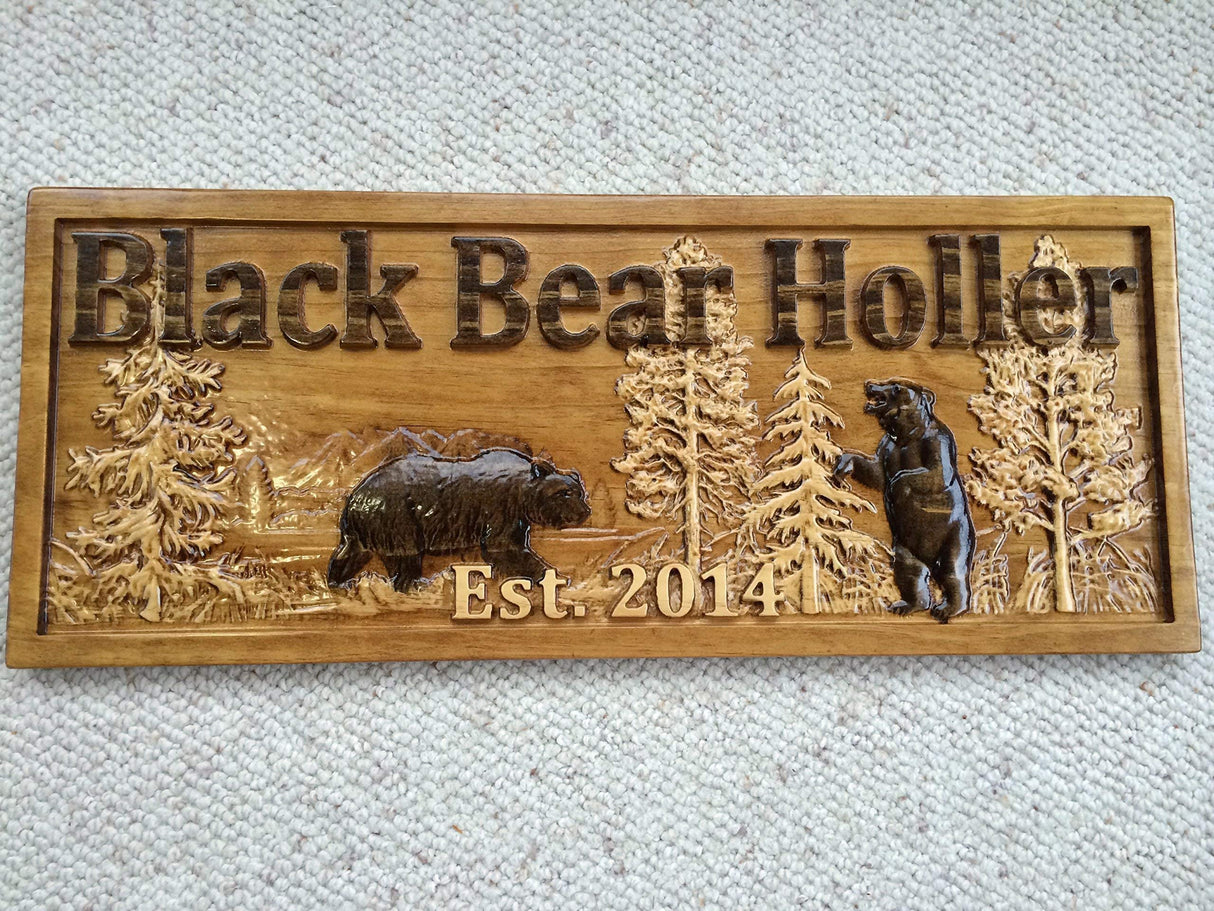 Personalized Wood Sign Custom Carved Cabin Gift Man Cave Wedding Family Last Name Camp Lake House Décor Woods Black Bear Plaque Last Name Established Sign Custom Wood Sign 3D Camper Sign 3D Woodworker