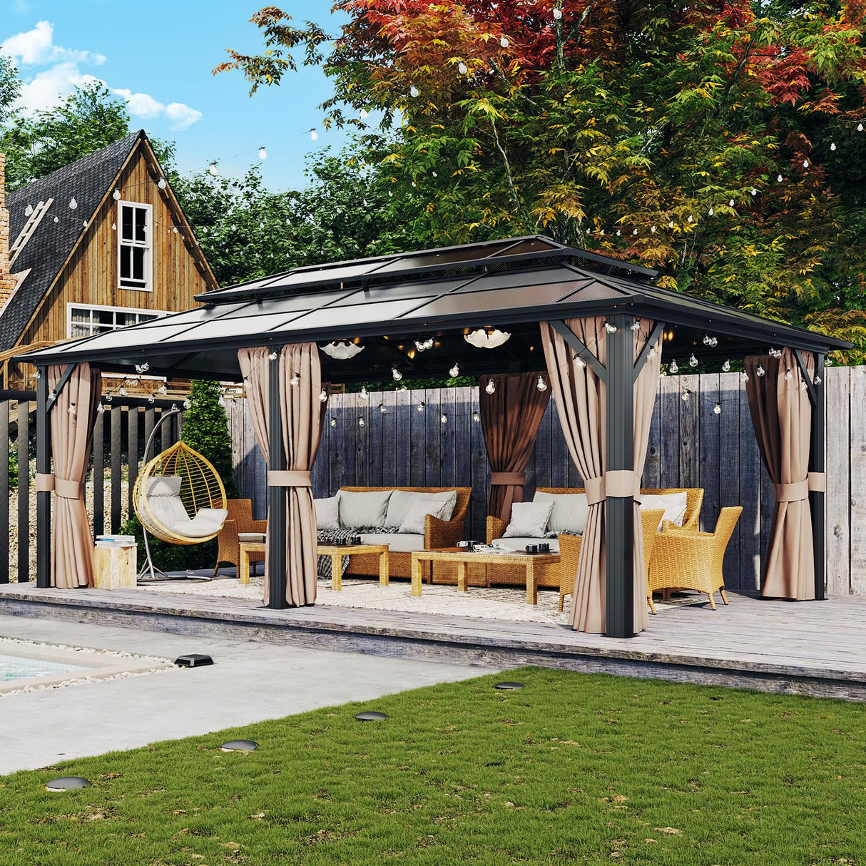 Aoxun 12'x20' Hardtop Gazebo, Aluminum Frame Permanent Pavilion with Curtains and Netting, Outdoor Polycarbonate Double Roof Canopy, Designed for Garden, Lawns, Patio Aoxun