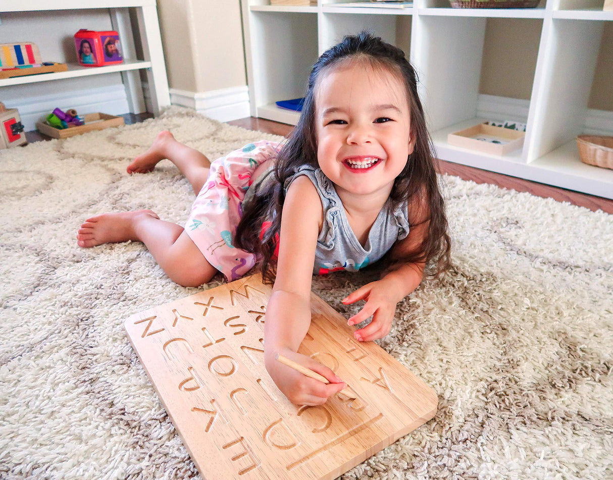 Montessori & Me Wood Alphabet Tracing Board Montessori Letters - Wooden Letters - Large Print Letters for Toddler to Preschool - Reversible Uppercase and Lowercase Montessori & Me