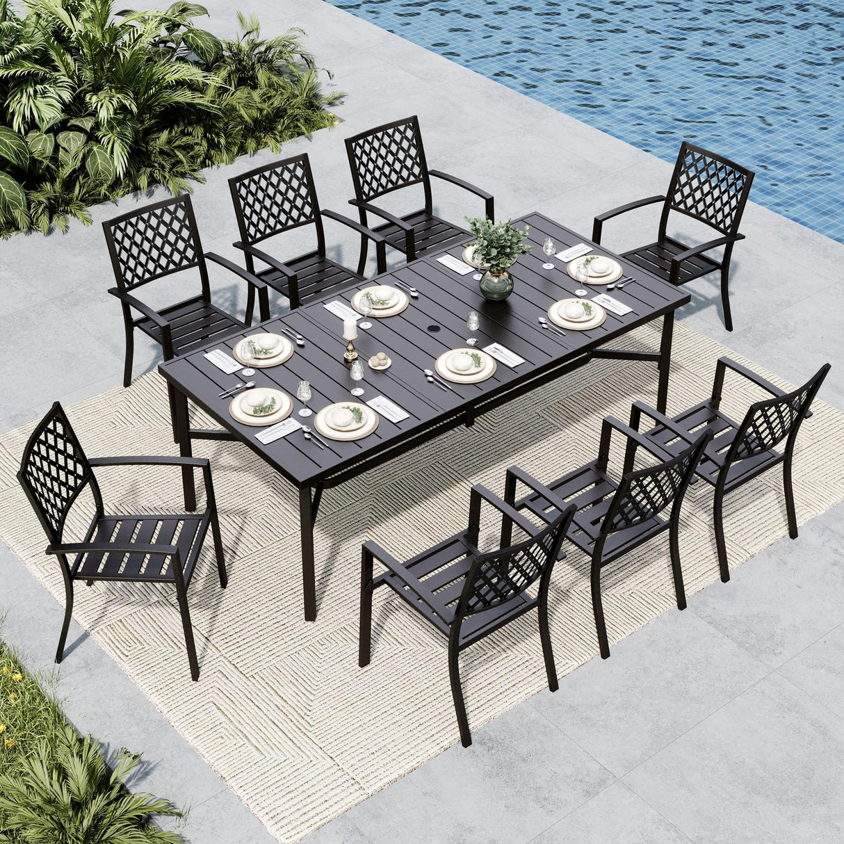 MFSTUDIO Patio Dining Set for 8, Outdoor Dining Set with Umbrella Hole, Metal Patio Table and Chairs Set, 9 Piece Outdoor Patio Furniture Set for Deck Backyard Poolside Garden MFSTUDIO