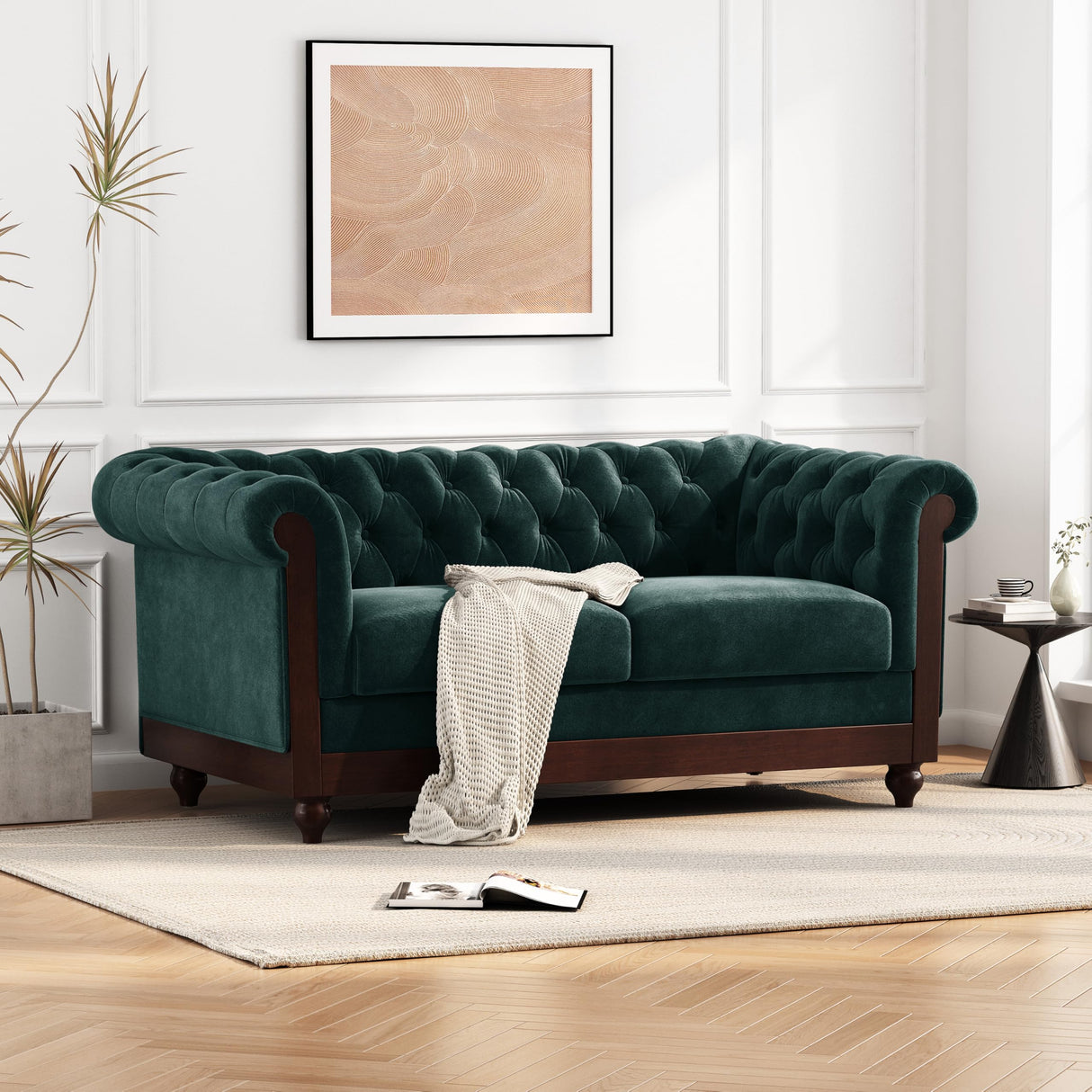 Merax Velvet Chesterfield Sofa, Retro Style Upholstered 3 Seater Leather Couch Rolled Arm for Living Room Bedroom Office, Dark Green Merax
