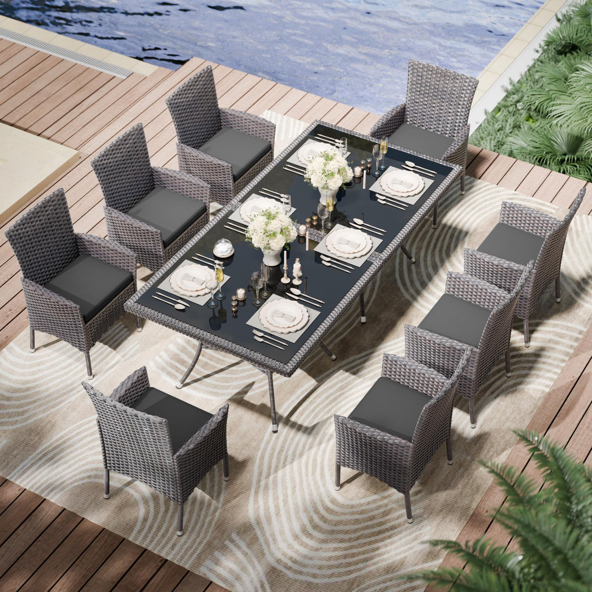 Kullavik 10-Piece Outdoor Dining Set Patio Rattan Furniture Set,Square Glass Tabletop with Umbrella Hole for Patio,Grey Kullavik