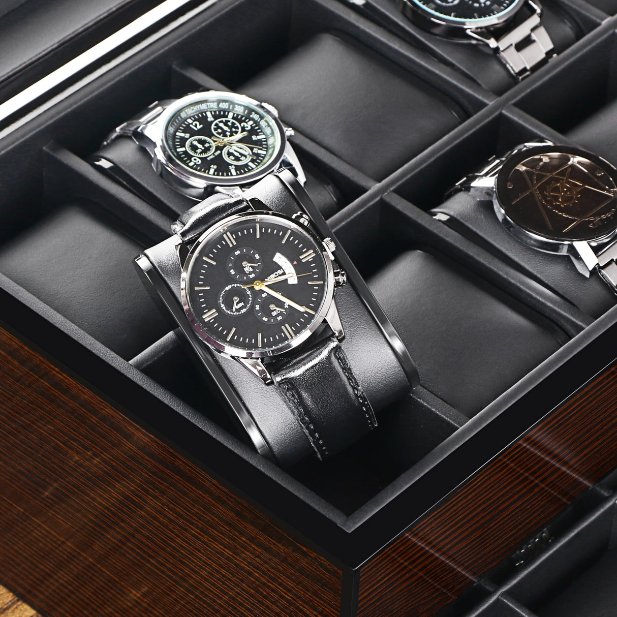 BEWISHOME Watch Box, 20 Slots Watch Case for Men - Luxury Watch Organizer with Glass Top,Smooth Faux Leather Interior, Brown SSH04Y BEWISHOME