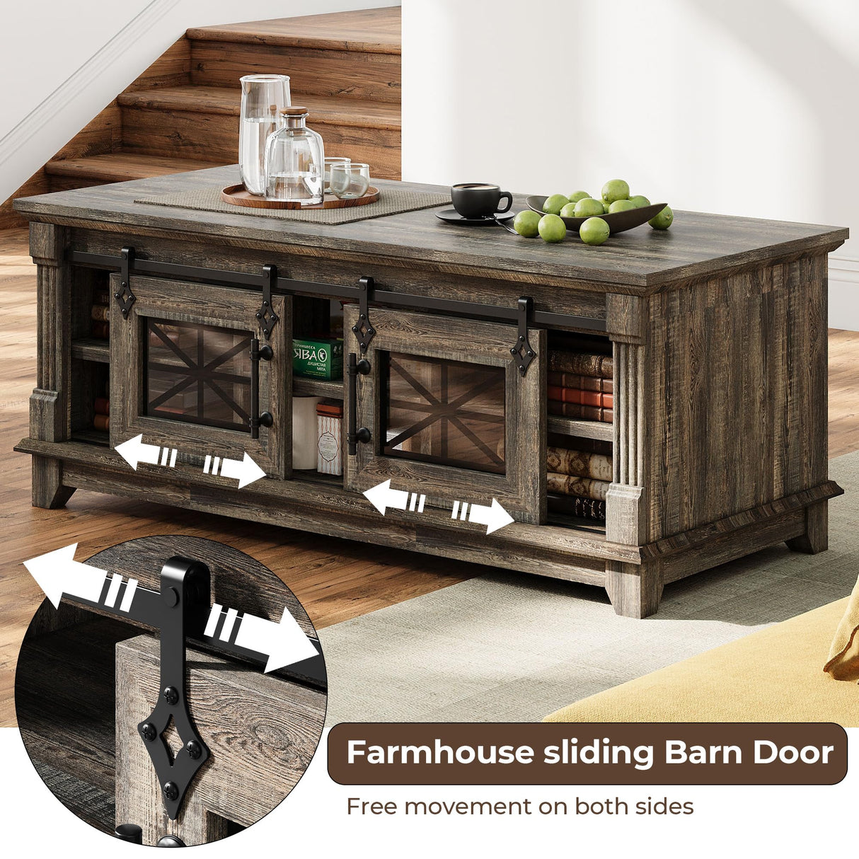 IRONCK 48'' Coffee Table with Sliding Barn Doors, Rustic Center Table with 6 Large Storage Space, Glass Doors and Adjustable Middle Shelf, Farmhouse Coffee Tables for Living Room, Meeting Room IRONCK