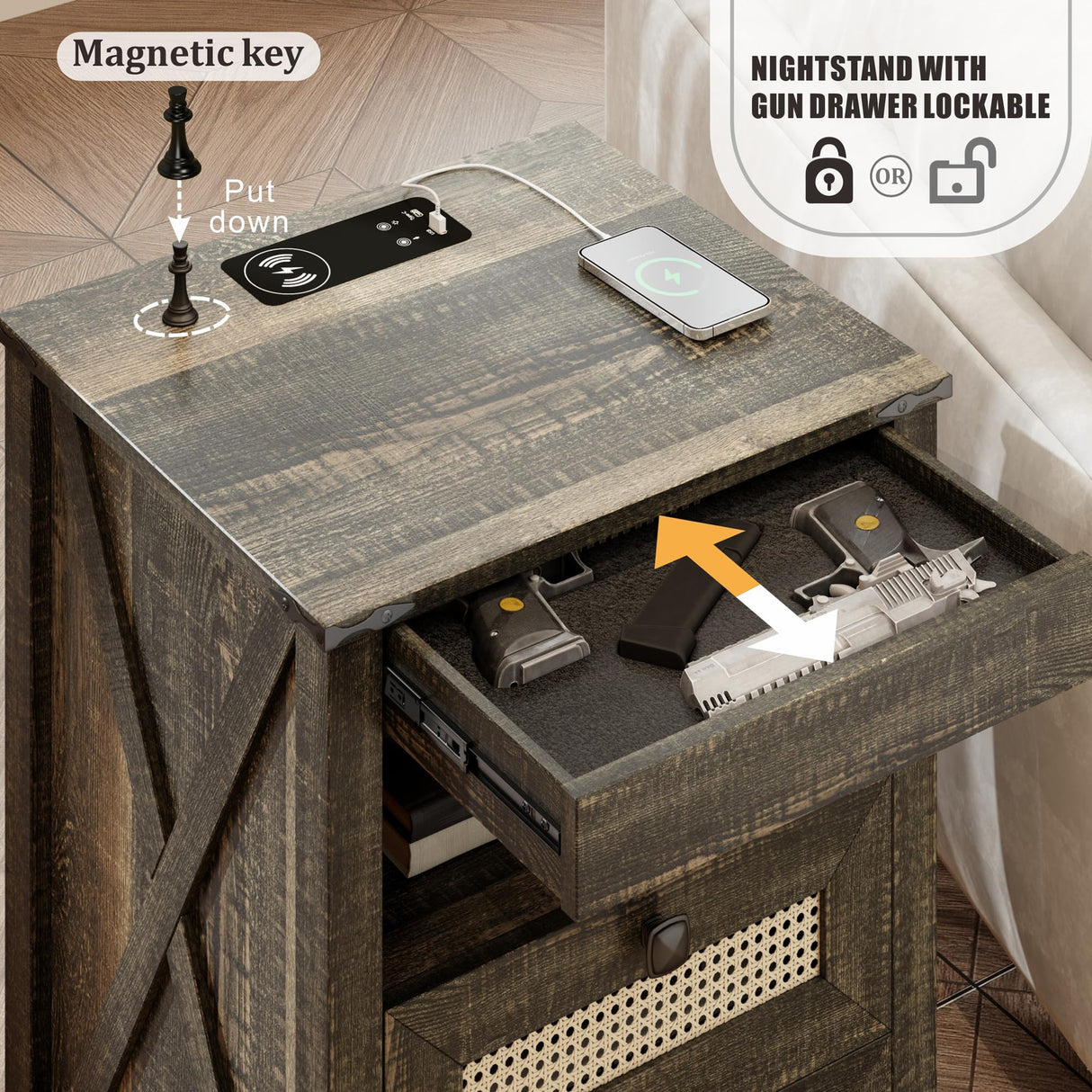 FREDEES Farmhouse Nightstand with Gun Drawer, End Table with Charging Station, LED Bedside Table with Human Sensor Light, Rattan Night Stand for Bedroom, Rustic Brown FREDEES