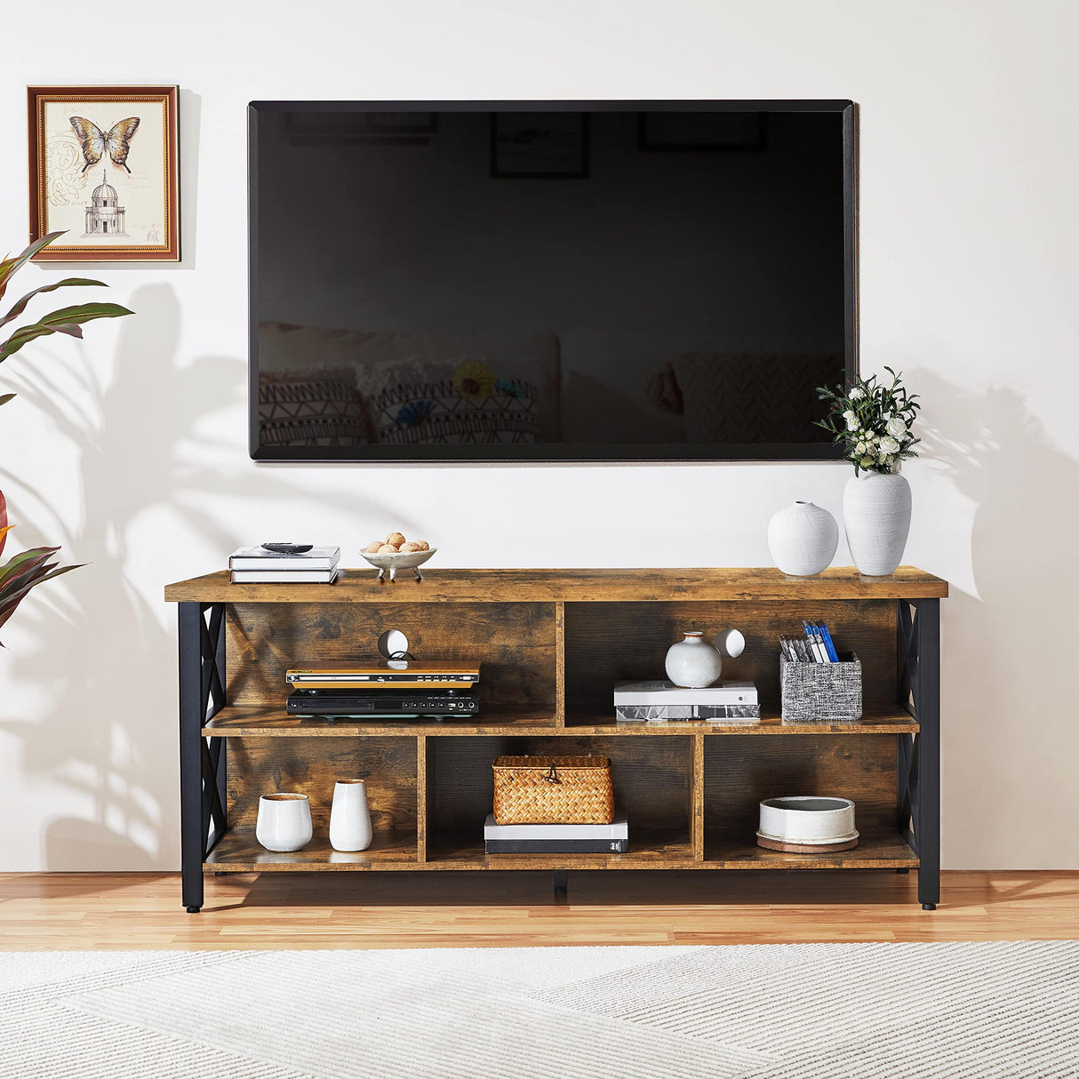 Yaheetech TV Stand for Living Room, Industrial Entertainment Center for 65 Inch TV, Rustic TV Console Stand with Storage Cabinets Wood and Metal, Rustic Brown Yaheetech