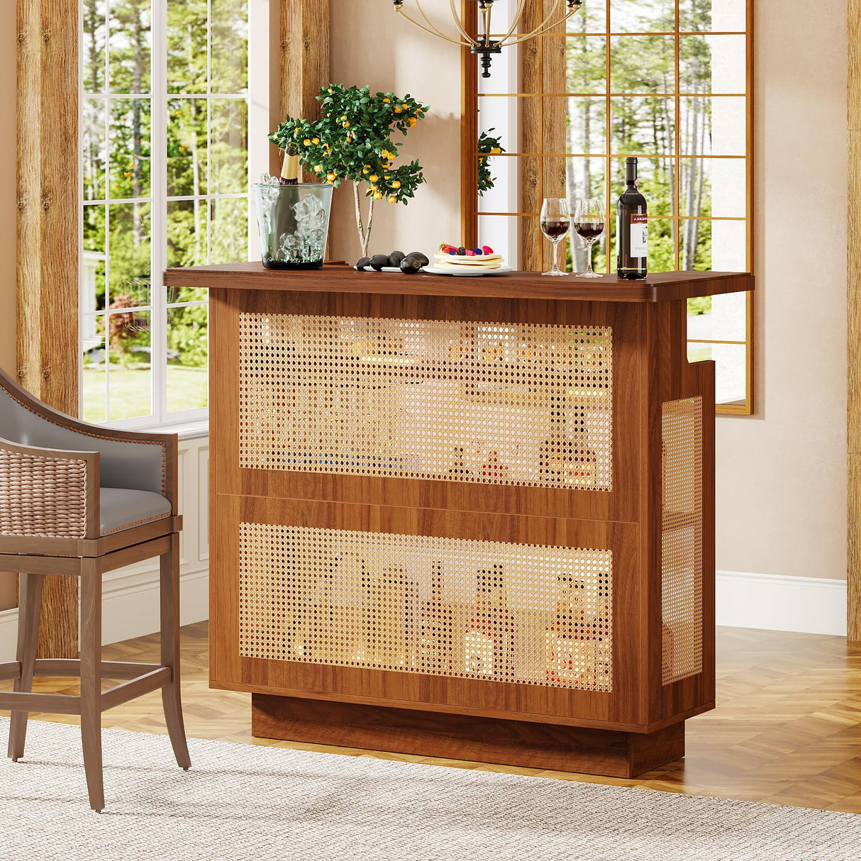 Tribesigns Caramel Brown Farmhouse Rattan Bar Cabinet with 4 Stemware Racks and Ample Storage Tribesigns