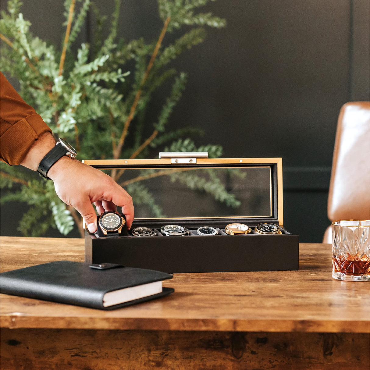 CASE ELEGANCE Two-Toned Pine and Black Base with Modern Aluminum Handle 6-Slot Watch Box with Real Glass CASE ELEGANCE