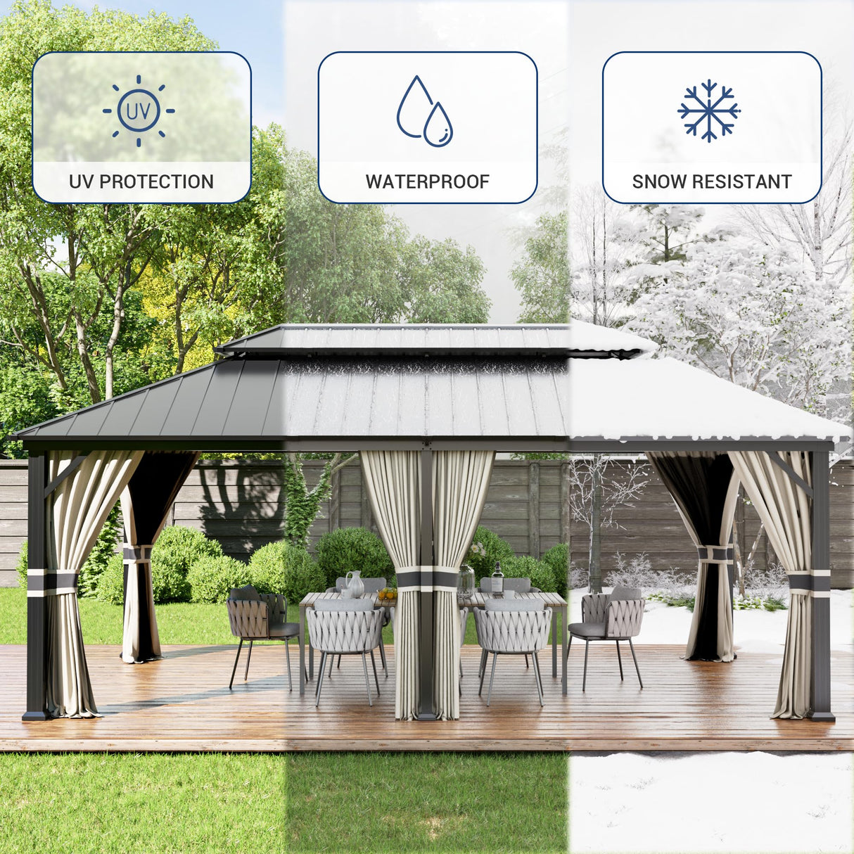 Amopatio 12' X 20' Hardtop Gazebo, Aluminum Metal Gazebo with Galvanized Steel Double Roof, Heavy Duty Permanent Outdoor Large Gazebos with Curtain and Netting for Patio Deck Backyard, Khaki Amopatio