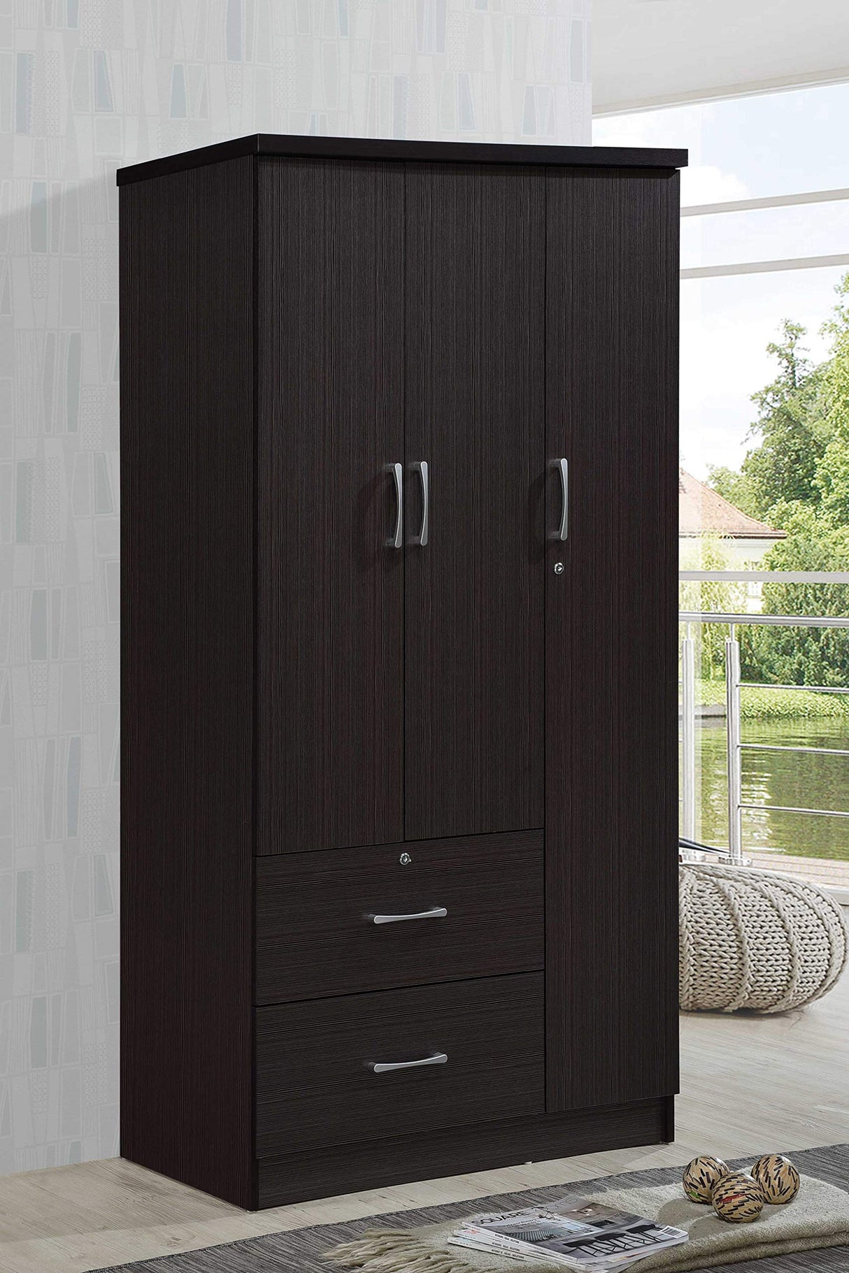 Hodedah 3-Door 2-Drawers, 3-Shelves in Chocolate Bedroom Armoires, 21"D x 36"W x 72"H Hodedah