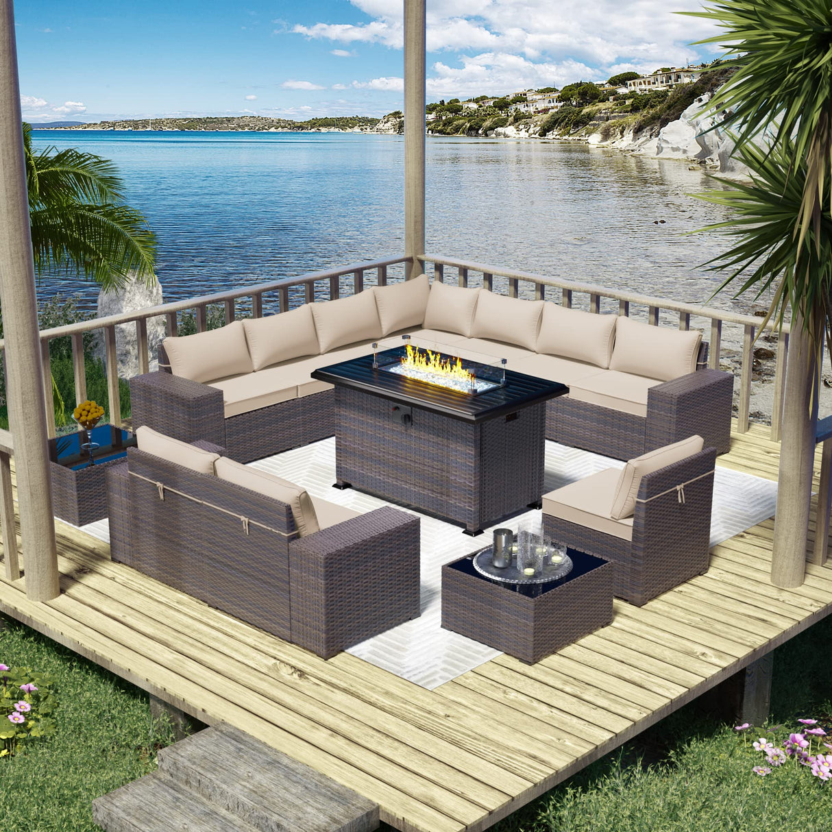 ASJMR Outdoor Patio Furniture Set with Gas Fire Pit Table, 13 Pieces Outdoor Furniture Set Patio Sectional Sofa w/43in Propane Fire Pit, PE Wicker Rattan Patio Conversation Sets (Sand) ASJMR