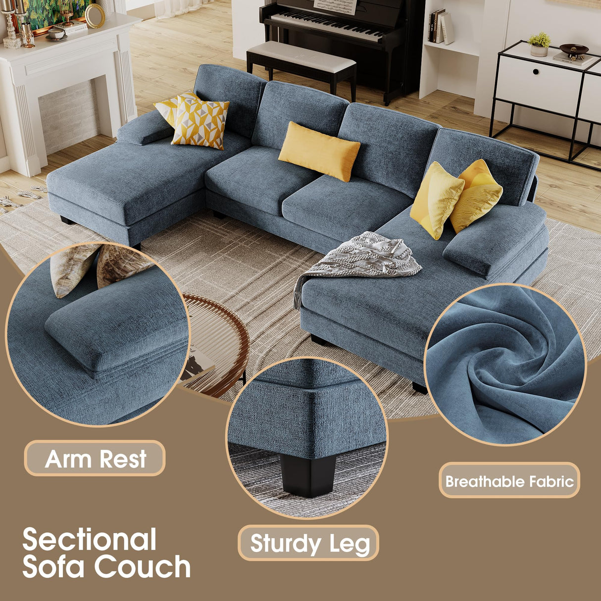 Furmax Sectional Couches for Living Room, U-Shaped Sofa Couch with Linen Fabric, 4 Seat Sofa Set with Double Chaise for Apartment (Fabric, Light Blue) Furmax