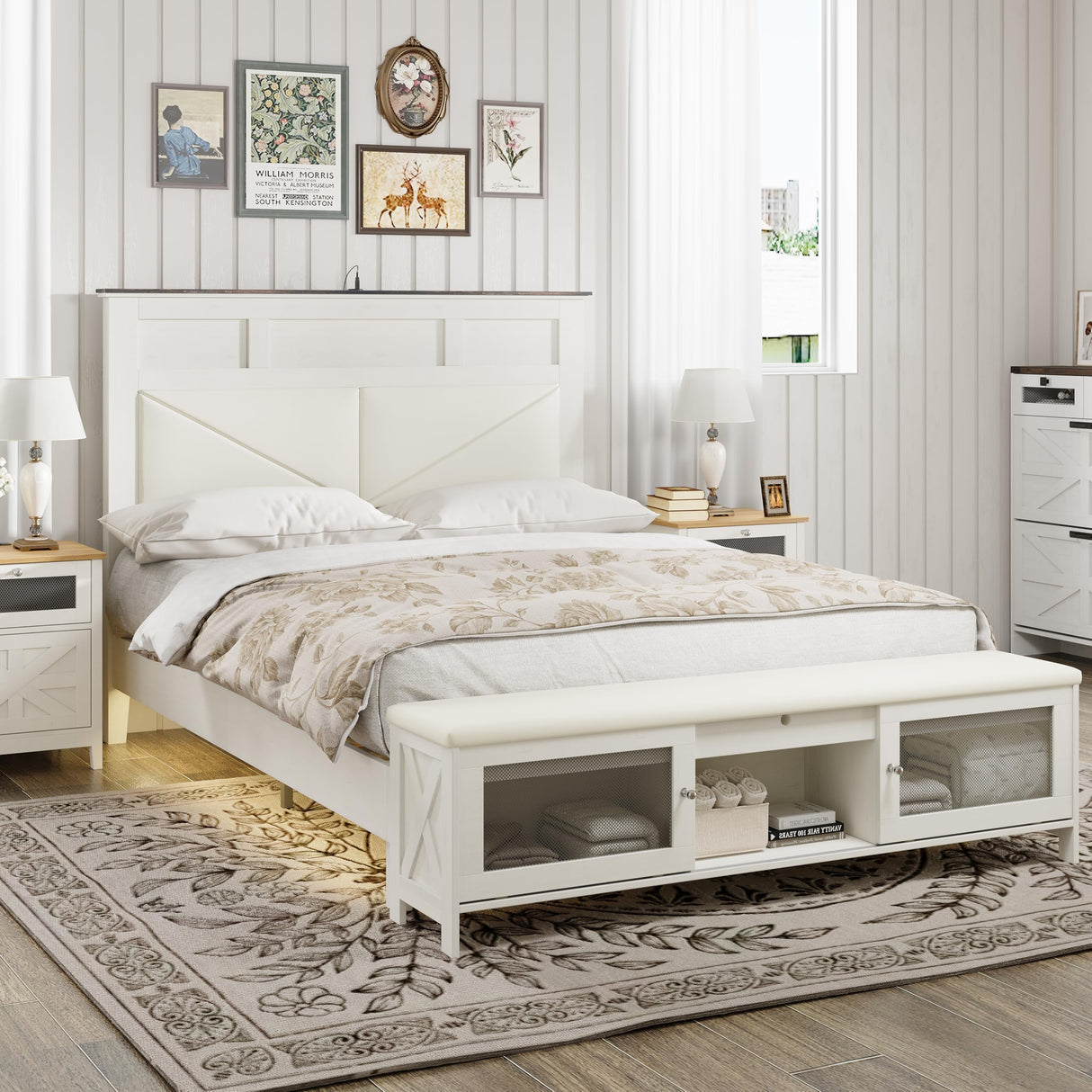 Halitaa Farmhouse Full Bed Frame with Storage, Full Size Bed Frame with 51" Tall Headboard & Charging Station,Wood Platform Bedframe with Led Lights & Storage Bench, No Box Spring Needed,White Halitaa