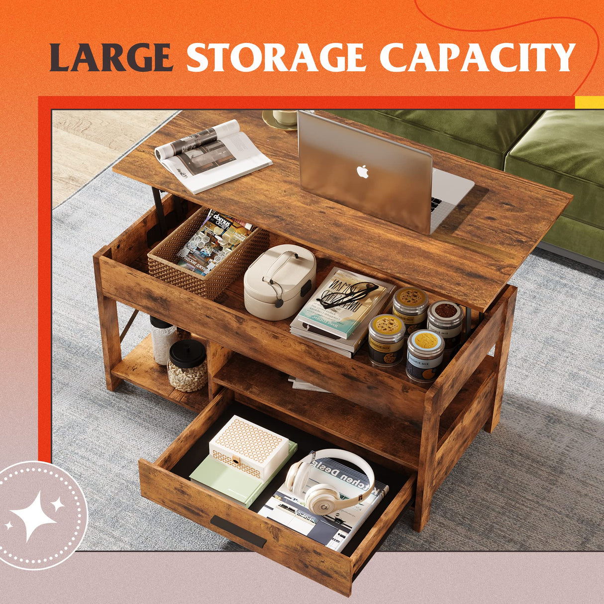 WLIVE Lift Top Coffee Table for Living Room,Coffee Table with Storage,Hidden Compartment and Metal Frame, Central Table for Reception Room,Rustic Brown WLIVE