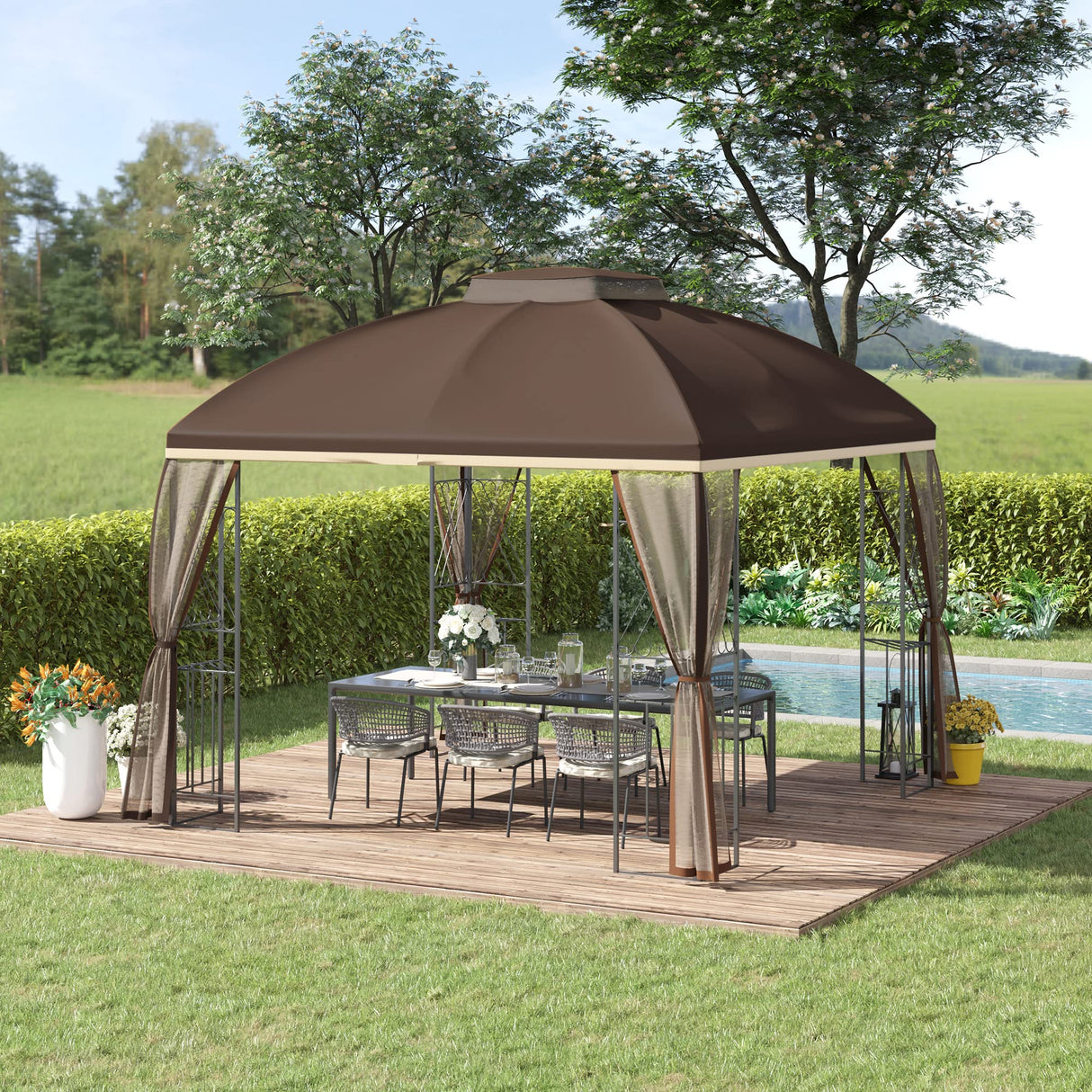 Outsunny 10' x 10' Patio Gazebo with Corner Shelves, Double Roof Outdoor Gazebo Canopy Shelter with Removable Mesh Netting, for Garden, Lawn, Backyard and Deck, Brown Outsunny