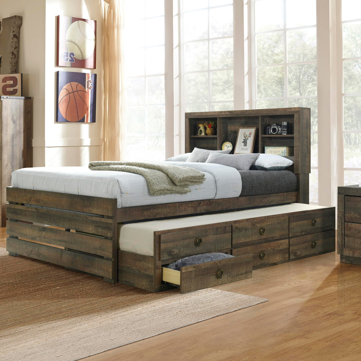VilroCaz Rustic Brown Full Size Captain Bed with Bookcase Headboard, Drawers & Trundle VilroCaz