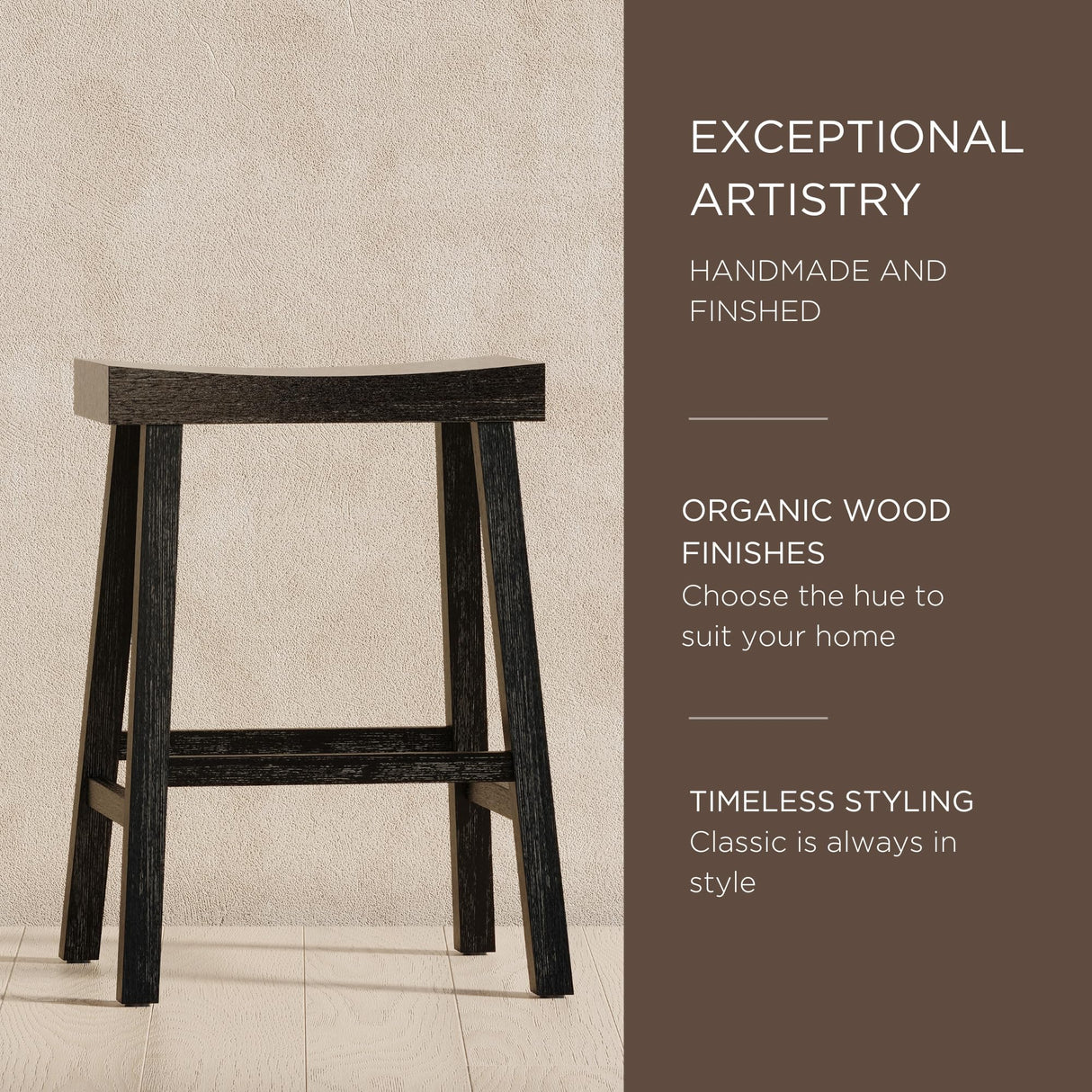 Maven Lane Kitchen Bar Stool, Modern Farmhouse Wood Counter Barstool, Kitchen Island Counterstool, Counter Height Bar Stools For Kitchen, Wide Seat Backless Bar Stools, Vincent 26 Inch, Antiqued Black Maven Lane