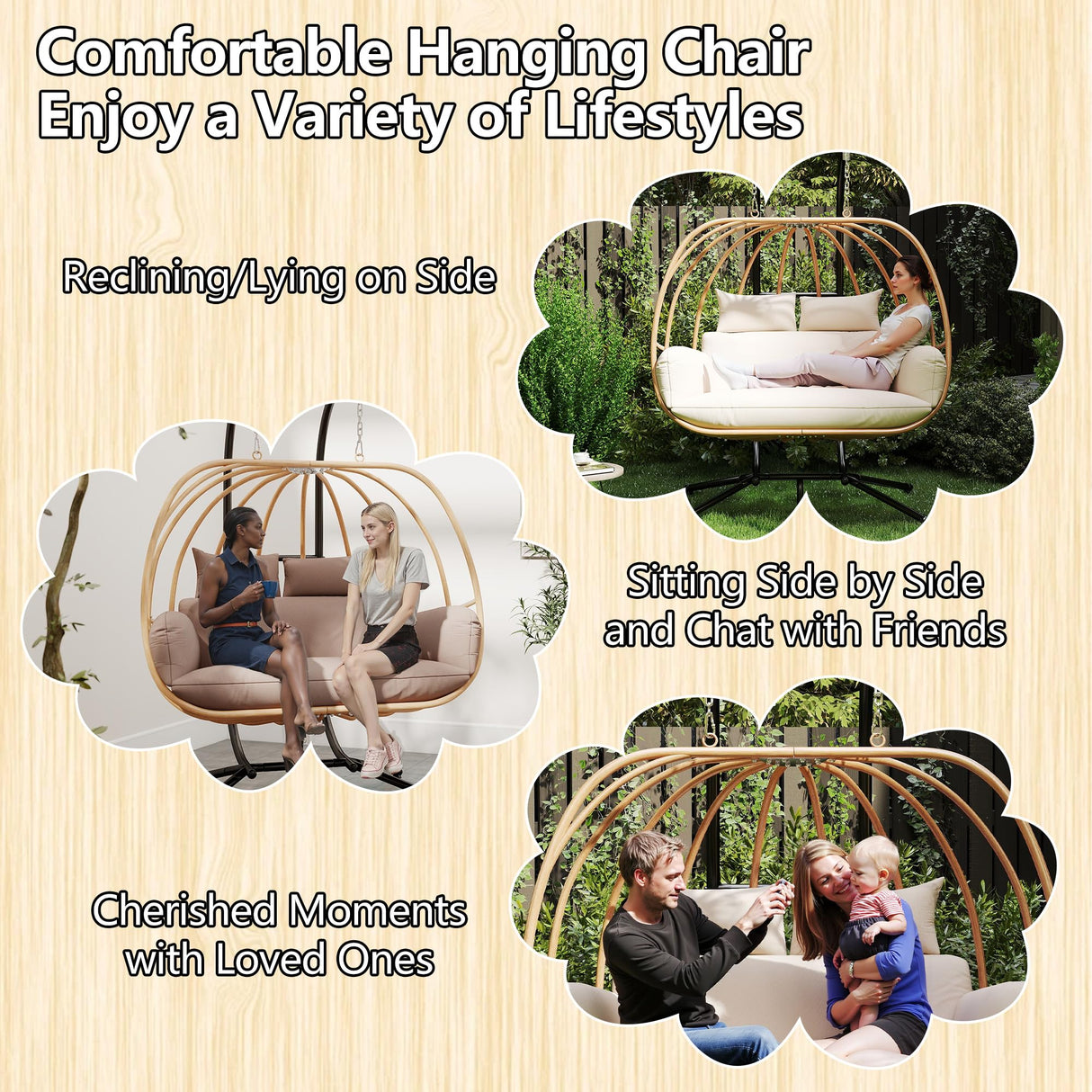 DAYARUS Double Egg Chair Outdoor, Egg Swing Chair with Stand, Hanging Egg Chair Outdoor with Cushions/Headrest, 80" H Hanging Chairs with Stand Indoor, Metal Basket Swing Egg Chairs for Deck, Khaki DAYARUS