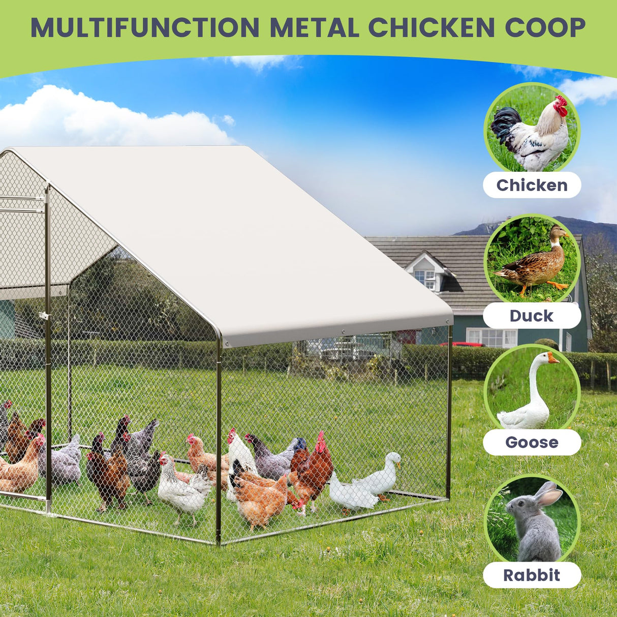 GarveeLife Large Metal Chicken Coop, Large Chicken Run with Waterproof & Anti-UV Cover, Outdoor Chicken Pen for Farm Yard (9.8' L x 6.6' W x 6.6' H) GarveeLife