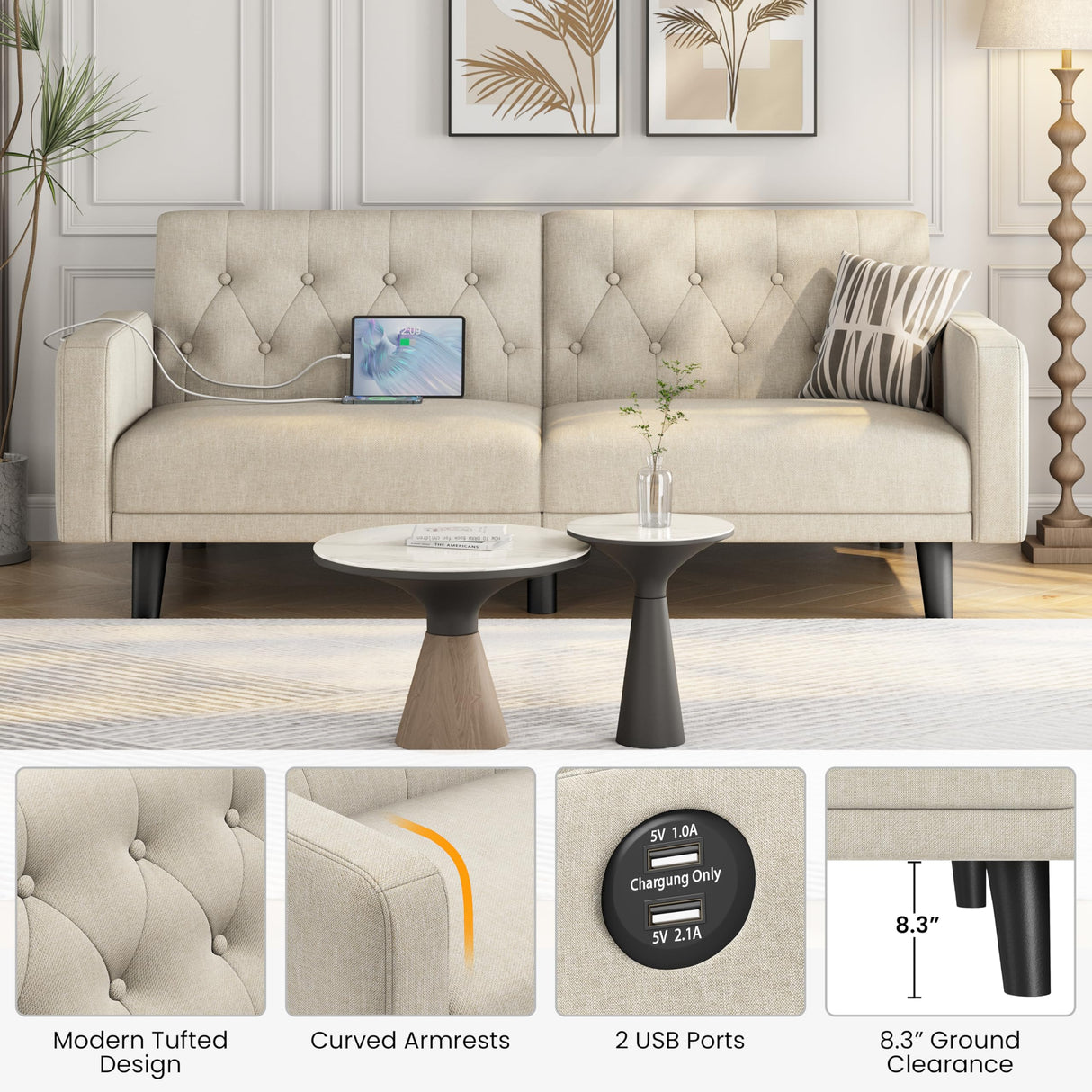 Yaheetech 63" Convertible Couch Small Futon Sofa Bed with 2 USB Ports, Reclining Backrest & Removable Armrests, Mid Century Modern Loveseat for Living Room, Apartment, Office, Beige Yaheetech