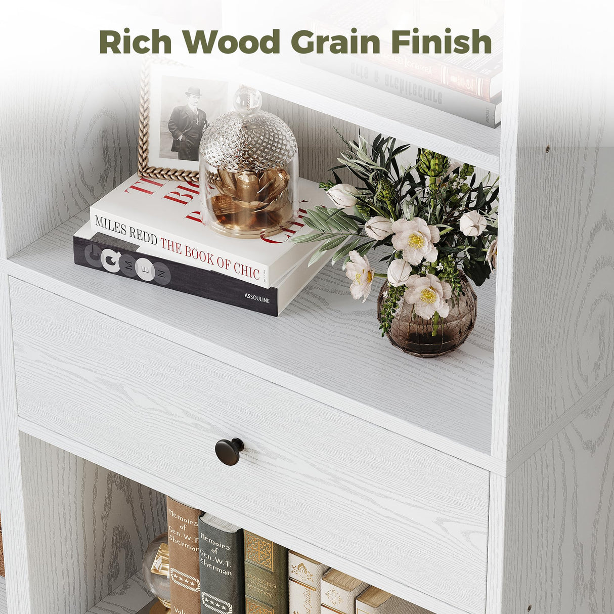 IRONCK Bookcase and Bookshelves, 70" Tall Bookshelf Floor Standing 6 Tiers Display Storage Shelves, Book Shelf with Drawers for Home Office, Living Room, Bedroom, Library, White IRONCK