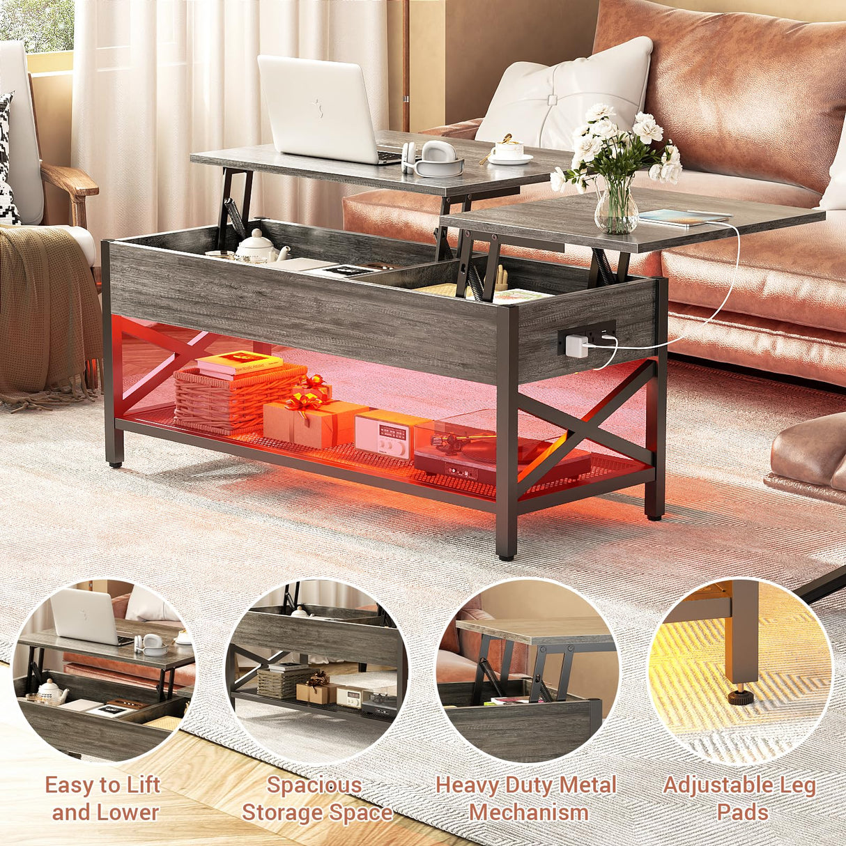 Besiost Coffee Table, Lift Top Coffee Table with Storage, LED Light & Power Outlet and Hidden Compartment, Retro Center Table for Living Room, X Support Wood Tabletop, Metal Frame, Black Oak Besiost