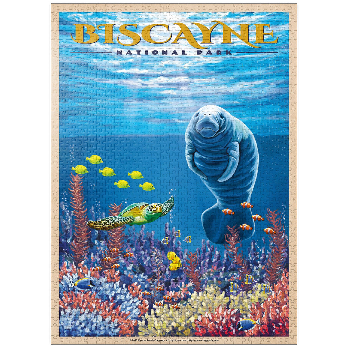 MyPuzzle Biscayne National Park - Manatees Whispering Beneath, Vintage Travel Poster - Premium 1000 Piece Jigsaw Puzzle for Adults MyPuzzle.com